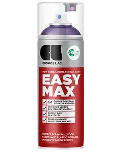 Cosmos Lac Easy Max akrylspraymaling, 400 ml dåse, egnet til metal, træ, stof og plast. Giver dobbelt dækning, tørrer hurtigt og har satinfinish.