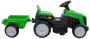 Grøn og sort pedaltraktor med aftagelig trailer, plastikhjul, rat og sæde. Velegnet til børn, designet til udendørs leg og transport af små genstande.