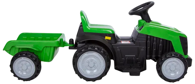 Grøn og sort pedaltraktor med aftagelig trailer, plastikhjul, rat og sæde. Velegnet til børn, designet til udendørs leg og transport af små genstande.