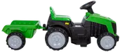 Grøn og sort pedaltraktor med aftagelig trailer, plastikhjul, rat og sæde. Velegnet til børn, designet til udendørs leg og transport af små genstande.