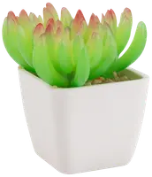 Konstgjord suckulent med gröna blad och röda toppar i en liten, fyrkantig vit kruka. Realistisk design, perfekt för dekoration, kräver inget underhåll.