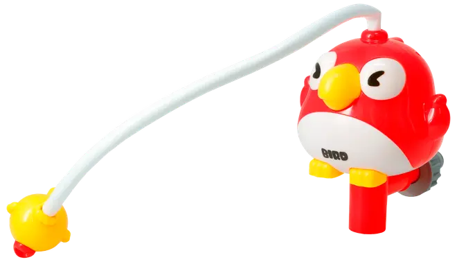 Rødt fugleformet badelegetøj i plast med gult næb, sugekop, og fleksibel hvid slange med gul sprøjte. Designet til børns leg i badekarret.