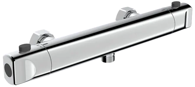 Moderne termostatisk brusearmatur i krom med to betjeningsknapper, vægmonteret, cylindrisk form og central udgang til bruseslange. Elegant, minimalistisk design til moderne badeværelser.