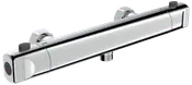 Moderne termostatisk brusearmatur i krom med to betjeningsknapper, vægmonteret, cylindrisk form og central udgang til bruseslange. Elegant, minimalistisk design til moderne badeværelser.