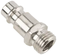 Metal lynkobling til luftslange med udvendigt gevind og blank overflade. Velegnet til sikker montering i pneumatiske systemer, ideel til industri- eller værkstedsbrug.