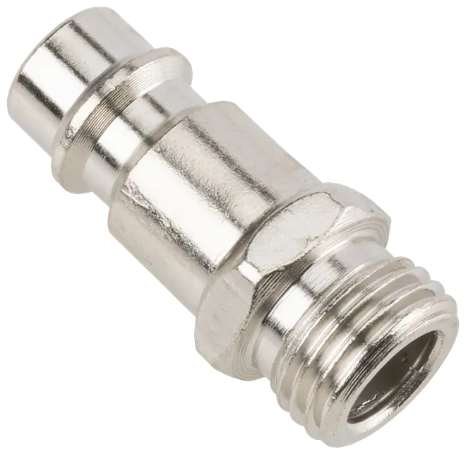 Metall snabbkoppling för tryckluftsslang med utvändig gänga och blank yta. Passar för säker anslutning i pneumatiska system, idealisk för industri eller verkstad.