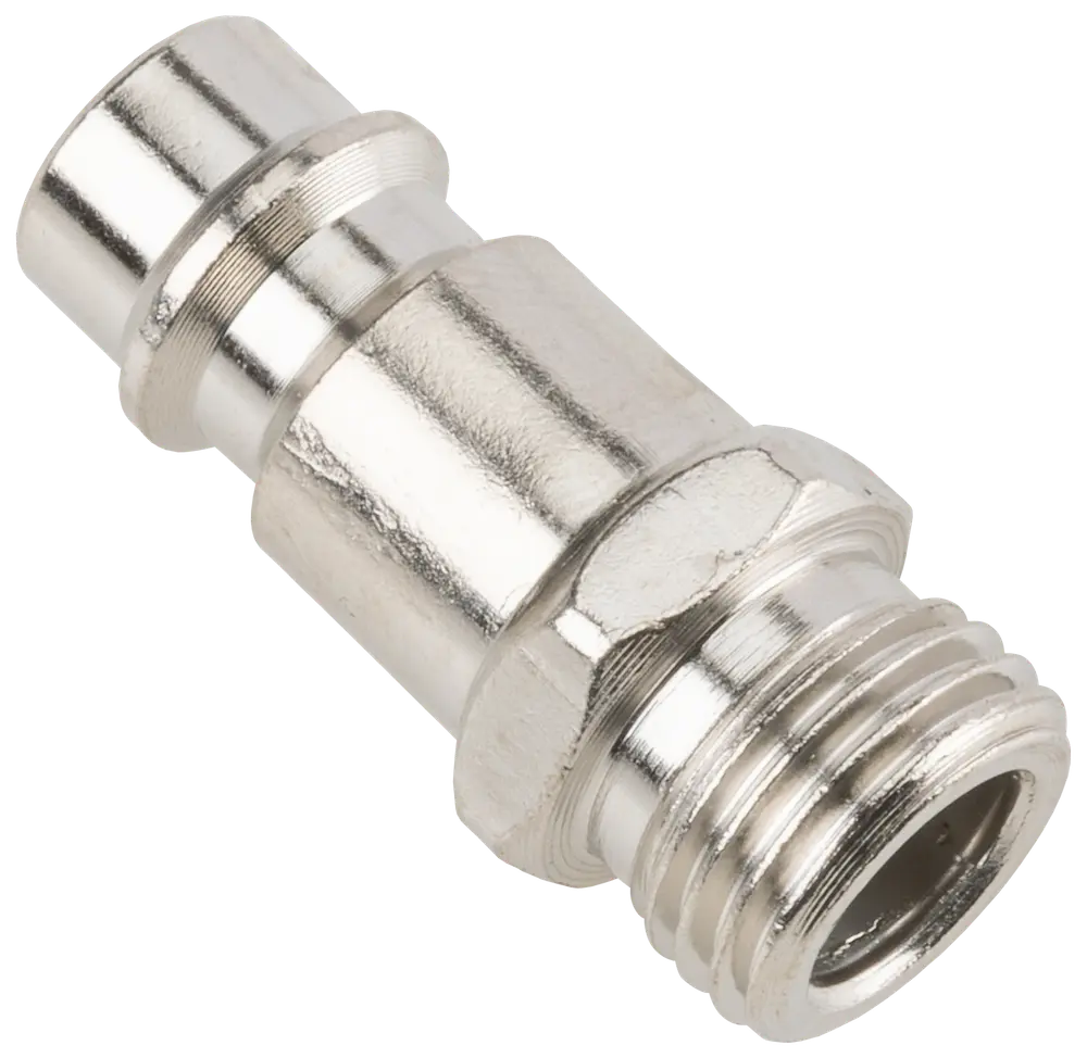 Metal lynkobling til luftslange med udvendigt gevind og blank overflade. Velegnet til sikker montering i pneumatiske systemer, ideel til industri- eller værkstedsbrug.