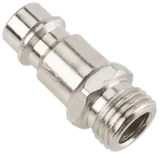 Metall snabbkoppling för tryckluftsslang med utvändig gänga och blank yta. Passar för säker anslutning i pneumatiska system, idealisk för industri eller verkstad.