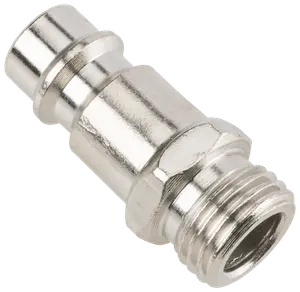 Metal lynkobling til luftslange med udvendigt gevind og blank overflade. Velegnet til sikker montering i pneumatiske systemer, ideel til industri- eller værkstedsbrug.