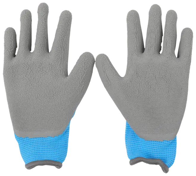 Arbetshandskar med grå, strukturerad gummibeläggning för bra grepp och blå stickade muddar för komfort. Passar bygg, trädgård och skydd. Hållbar och flexibel design.