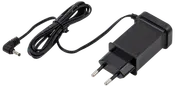Svart nätadapter med två runda stift, lång kabel och vinklad kontakt. Passar för laddning av små elektroniska enheter. Kompakt och lätt design.