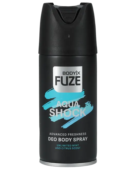 Sort BODYX FUZE Aqua Shock deodorant body spray-dåse med mint- og citrussduft, avanceret friskhed og aerosol-spraytop.