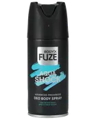 Sort BODYX FUZE Aqua Shock deodorant body spray-dåse med mint- og citrussduft, avanceret friskhed og aerosol-spraytop.