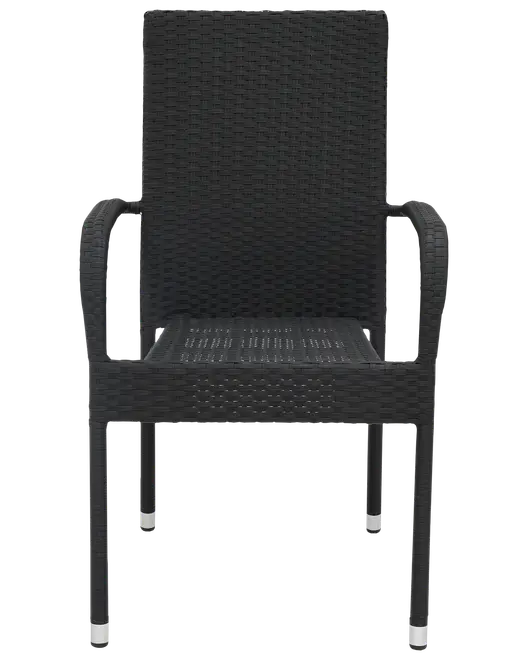 Svart utomhusstol med rottingliknande design, armstöd och metallben med silverfärgade fötter. Tålig, väderbeständig och stapelbar för enkel förvaring.