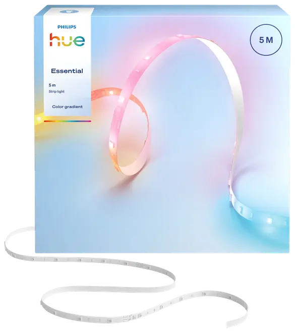 Philips Hue Essential 5 meter LED-lysbånd med farvegradient, fleksibelt design, velegnet til tilpasset stemningsbelysning. Pakken viser båndet med flere farver langs længden.