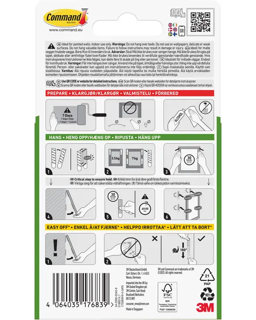 Baksida av Command bildupphängningsremsor förpackning med steg-för-steg-bilder för förberedelse, upphängning och borttagning, viktgränser, varningar och flerspråkig text. 3M-logotyp synlig.