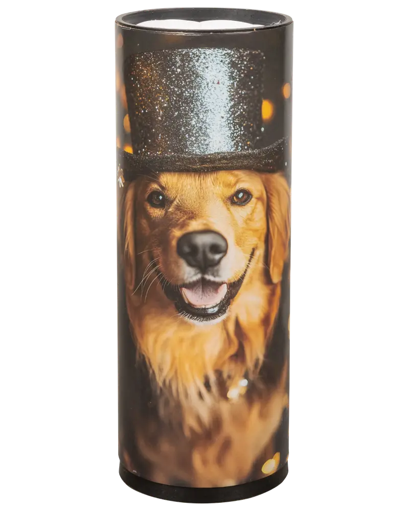 Høj cylindrisk termokop med trykt billede af en smilende golden retriever med glitrende sort høj hat og festlig baggrund. Fremstillet i rustfrit stål, til varme eller kolde drikke.