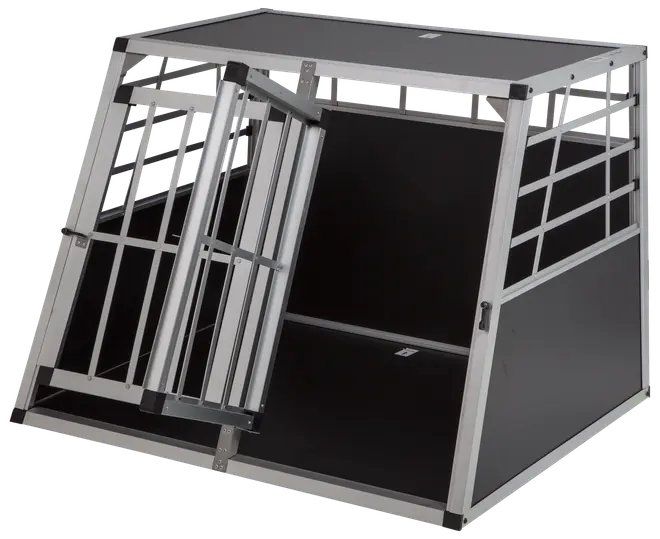 Aluminium hundbur med snedda sidor, svarta paneler och frontdörr med metallgaller. Utformad för biltransport, ger säkerhet och ventilation för medelstora till stora hundar.
