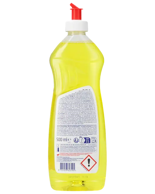 Transparent gul opvaskemiddel i en 500 ml flaske med rød hætte og hvid etiket.