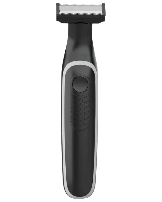 Sort og sølv elektrisk trimmer med tekstureret greb, bredt trimmerblad og tænd/sluk-knap foran. Velegnet til præcis trimning af ansigtshår og nem håndtering.