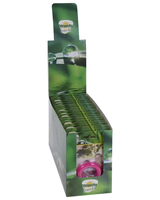 Udstillingsboks med flere citronella-armbånd i individuel emballage, designet til at afvise insekter. Boksen er grøn med naturtema og et lyserødt armbånd foran.