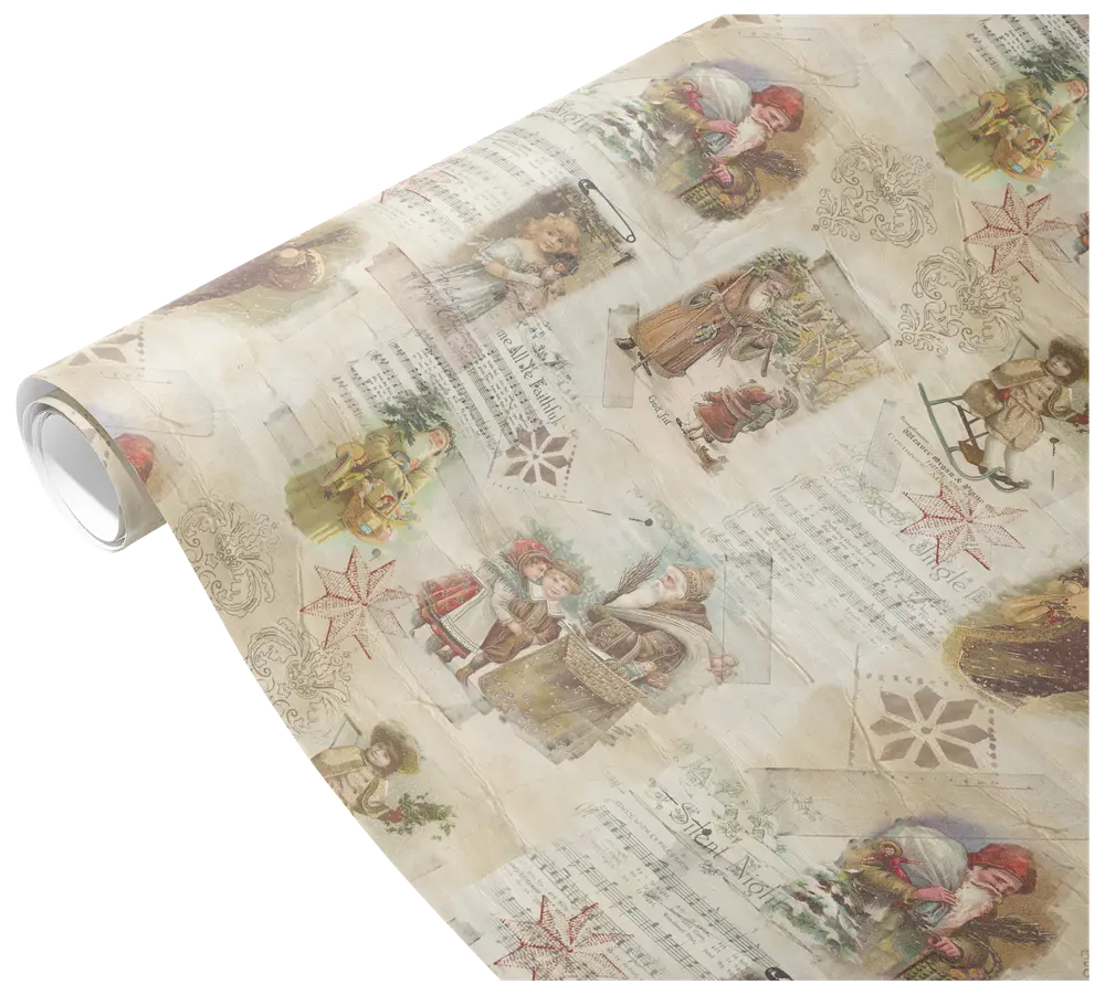 Roll of paper featuring a vintage Christmas design with illustrations of children, Santa Claus, and festive scenes. The background includes faded sheet music, red stars, and ornate patterns, giving it an antique, nostalgic look. The colors are muted with soft reds, greens, and browns, and the paper has a matte finish.
