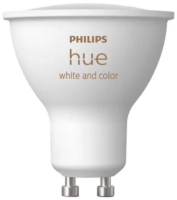 Philips Hue hvid og farve smart LED-pære, GU10 sokkel, hvid finish, energieffektiv, kompatibel med smart home-systemer, justerbar farve og lysstyrke, til spots.