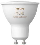 Philips Hue hvid og farve smart LED-pære, GU10 sokkel, hvid finish, energieffektiv, kompatibel med smart home-systemer, justerbar farve og lysstyrke, til spots.