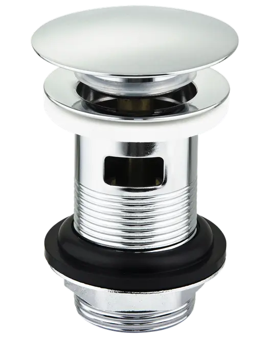 Krom pop-up afløb med overløb, cylindrisk design, gevind, flad top og sort gummipakning til sikker montering i håndvaske.
