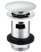 Krom pop-up afløb med overløb, cylindrisk design, gevind, flad top og sort gummipakning til sikker montering i håndvaske.