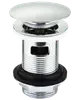 Krom pop-up afløb med overløb, cylindrisk design, gevind, flad top og sort gummipakning til sikker montering i håndvaske.