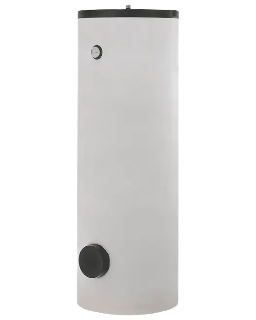 Høj hvid cylindrisk varmtvandsbeholder med sorte top- og bundtilslutninger og et lille rundt temperaturdisplay foran.