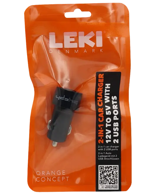 Sort 2-i-1 biloplader med to USB-porte, kompatibel med 12V til 5V. Pakket i en orange genlukspose mærket 'LEKI Denmark.'