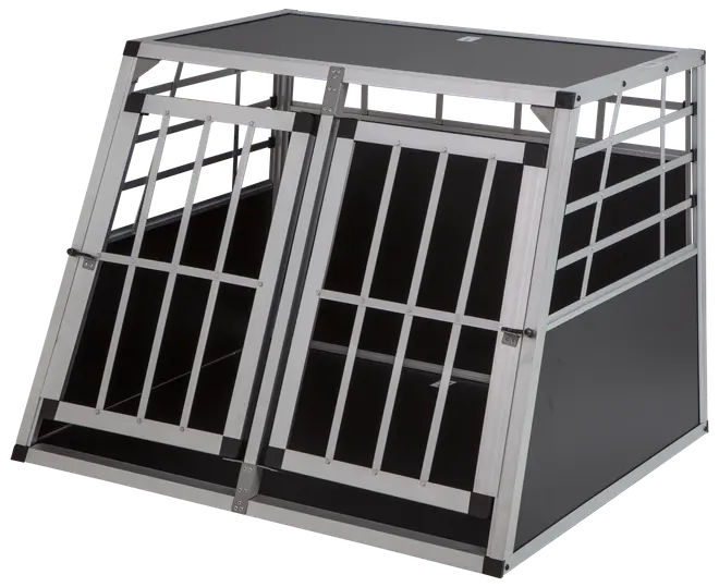 Dubbel hundbur i aluminium med lutande front, robusta metallgaller och solida sidopaneler. Perfekt för biltransport, ger säker och ventilerad plats för två hundar.