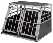 Dubbel hundbur i aluminium med lutande front, robusta metallgaller och solida sidopaneler. Perfekt för biltransport, ger säker och ventilerad plats för två hundar.