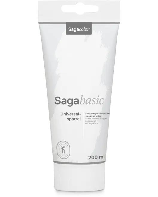 Sagacolor Sagabasic Universalspartel, 200 mL tube. Hvid plastemballage med grå detaljer, velegnet til vægge og lofter. Let at påføre, stærk vedhæftning.