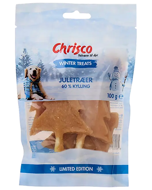 Chrisko Winter Treats hundesnack-pose med juletræsformede godbidder, 60 % kylling, 100 g, limited edition.
