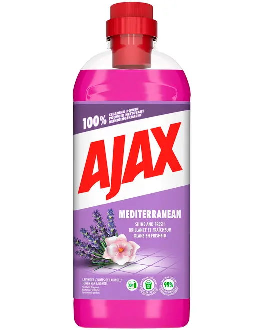 Ajax Mediterranean universalrengøringsmiddel, 1-liters flaske med rød låg, lavendelduft, lilla væske, giver glans og friskhed, egnet til forskellige overflader, 99% biologisk nedbrydelige ingredienser.