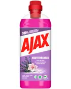 Ajax Mediterranean universalrengøringsmiddel, 1-liters flaske med rød låg, lavendelduft, lilla væske, giver glans og friskhed, egnet til forskellige overflader, 99% biologisk nedbrydelige ingredienser.