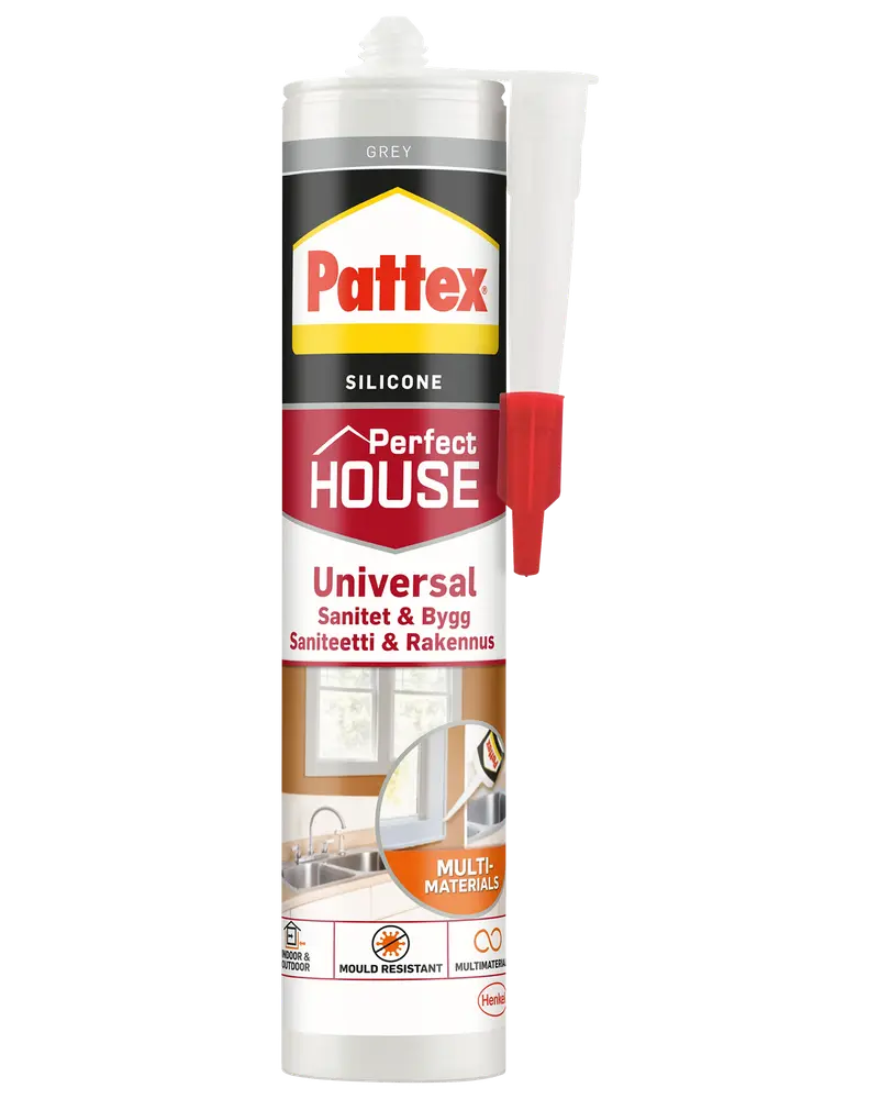 Pattex Perfect House Universal silikoneforsegling, grå farve, mugresistent, egnet til sanitet og byggeri, til flere materialer, patron med dyse for nem dosering.