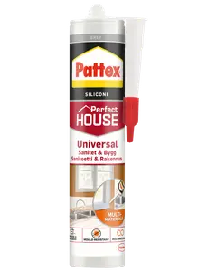 Pattex Perfect House Universal silikoneforsegling, grå farve, mugresistent, egnet til sanitet og byggeri, til flere materialer, patron med dyse for nem dosering.