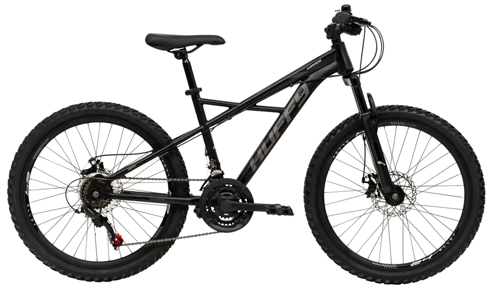 Svart mountainbike med framdämpning, grova däck, 21 växlar, skivbromsar och robust ram. Justerbar sadel och raka styren, passar terrängcykling.