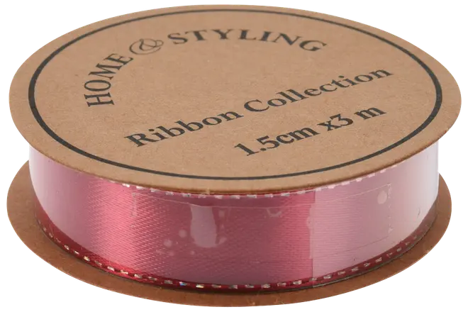 Rosa satinband, 1,5 cm brett och 3 meter långt, på pappspole. Perfekt för pyssel, presentinslagning och dekoration. Slät yta med sydda kanter.