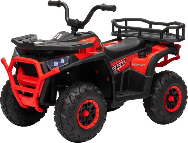 Rød og sort børne-ATV med styr, front- og bagagebærer, grove dæk, LED-forlygter og enkelt sæde.