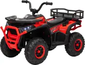 Rød og sort børne-ATV med styr, front- og bagagebærer, grove dæk, LED-forlygter og enkelt sæde.