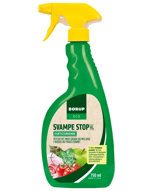 Grøn 750 ml sprayflaske med gul sprayhoved, mærket 'Borup Eco Svampe Stop'. Effektiv mod svamp og meldug på roser, frugt og grønt. Hurtigvirkende formel.