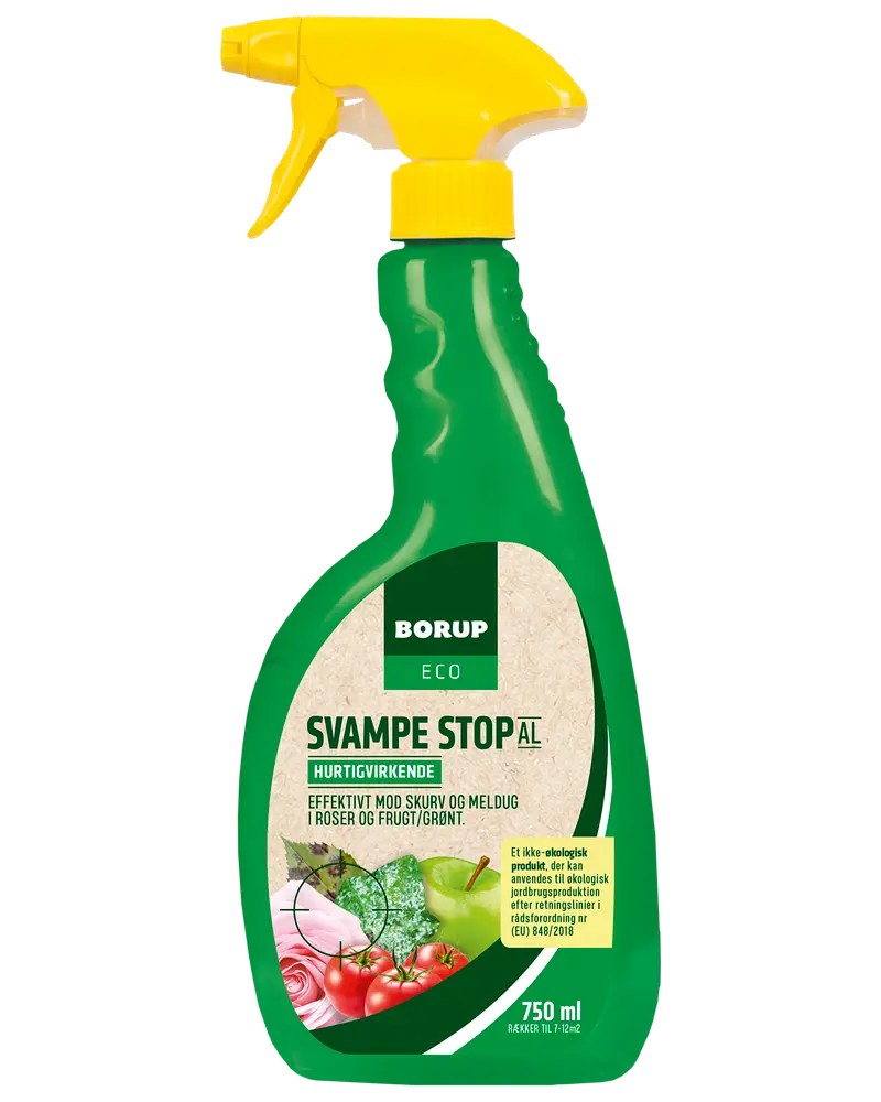 Grøn 750 ml sprayflaske med gul sprayhoved, mærket 'Borup Eco Svampe Stop'. Effektiv mod svamp og meldug på roser, frugt og grønt. Hurtigvirkende formel.