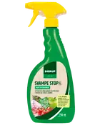 Grøn 750 ml sprayflaske med gul sprayhoved, mærket 'Borup Eco Svampe Stop'. Effektiv mod svamp og meldug på roser, frugt og grønt. Hurtigvirkende formel.