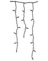 Svart istappsformad ljusslinga med flera vertikala hängande trådar och jämnt placerade LED-lampor, passar för inomhus- eller utomhusdekoration.