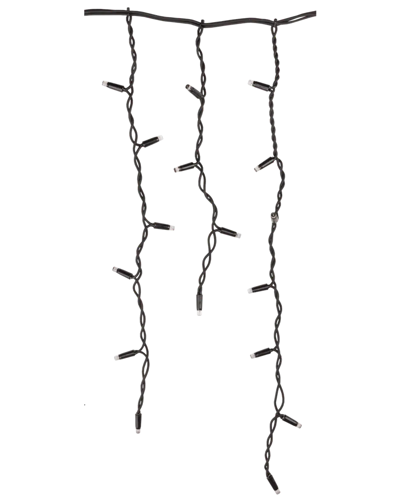 Svart istappsformad ljusslinga med flera vertikala hängande trådar och jämnt placerade LED-lampor, passar för inomhus- eller utomhusdekoration.